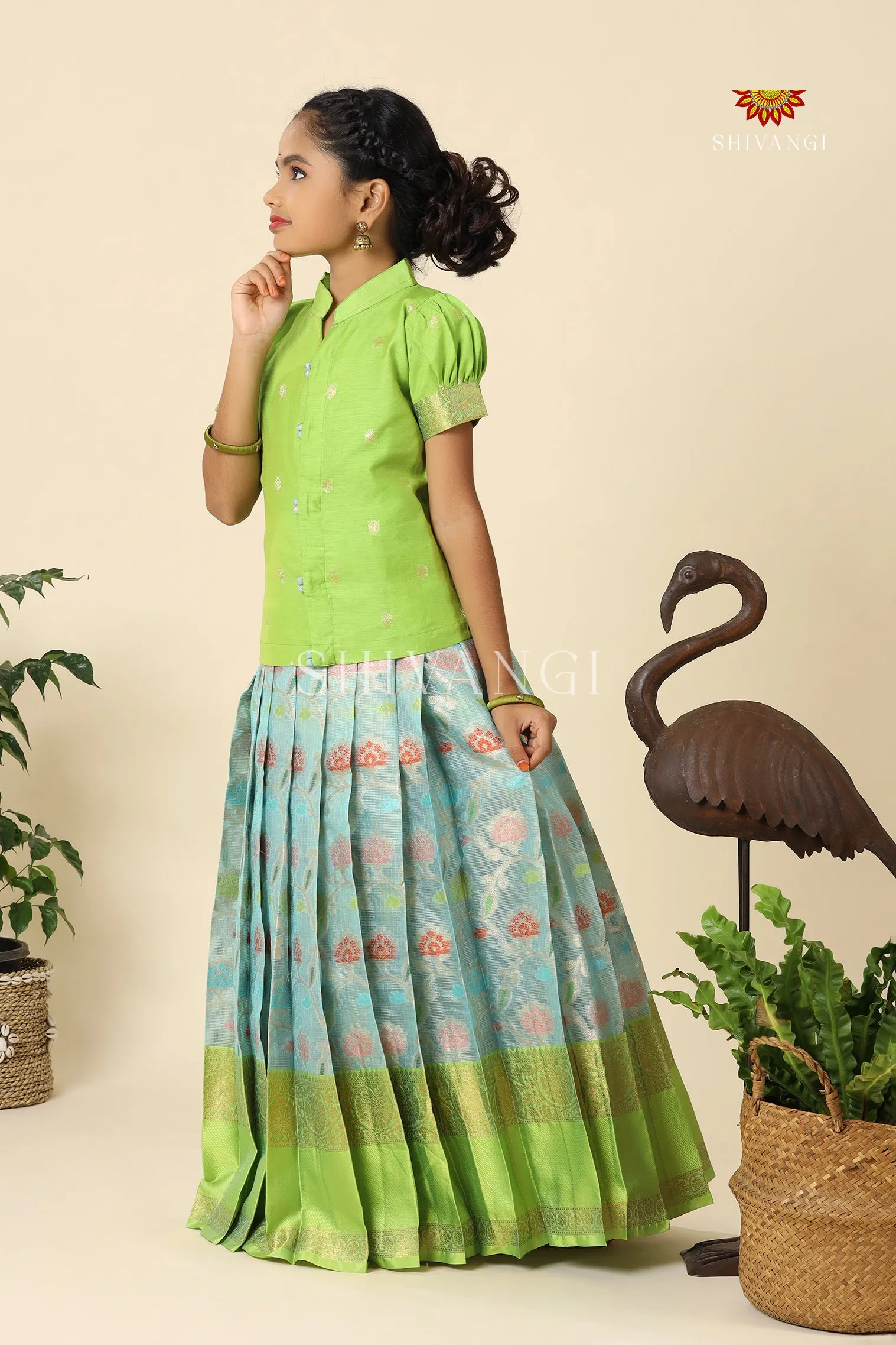 Blue Kota Floral Pattu Pavadai For Girls - Festive Wear!!!