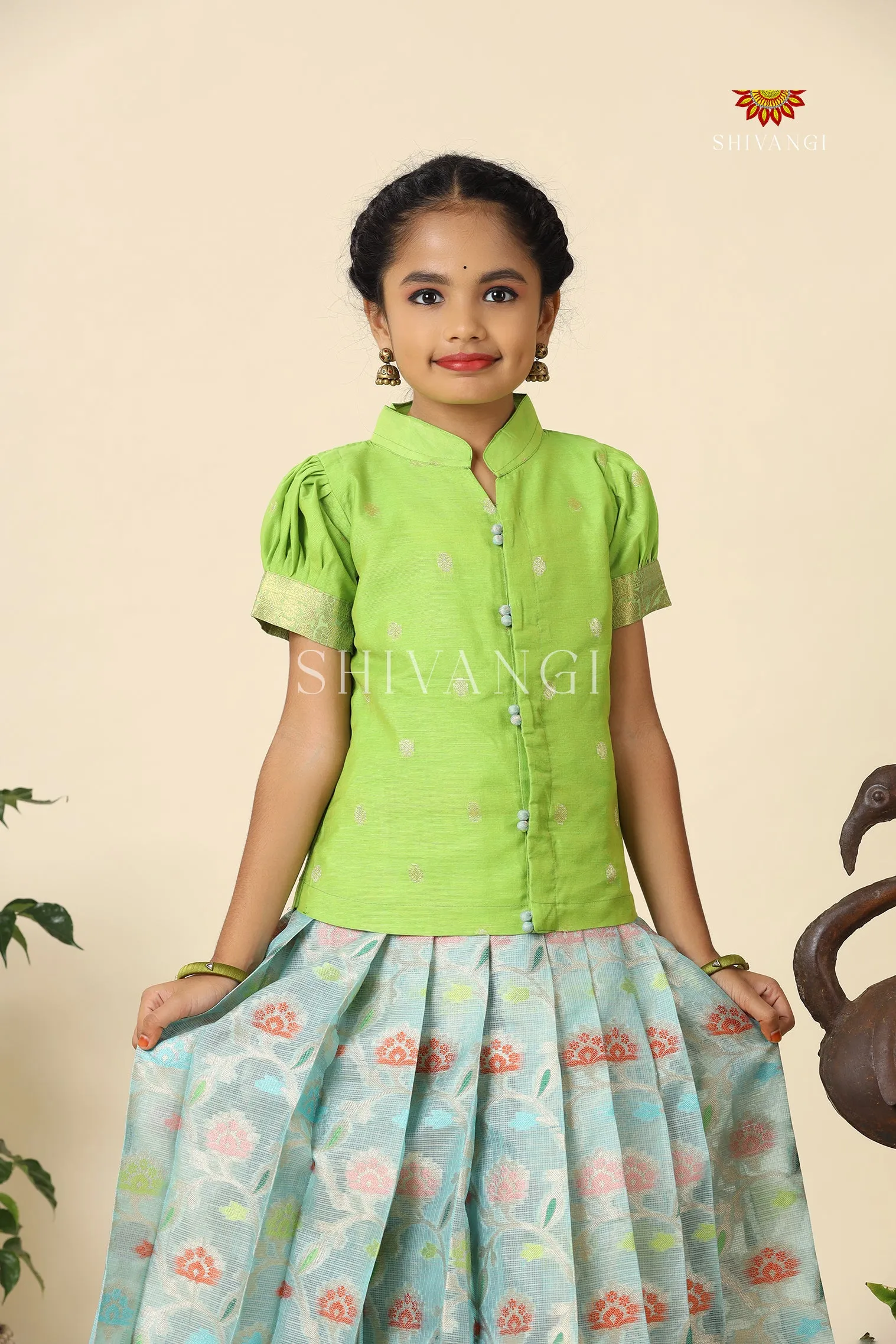 Blue Kota Floral Pattu Pavadai For Girls - Festive Wear!!!