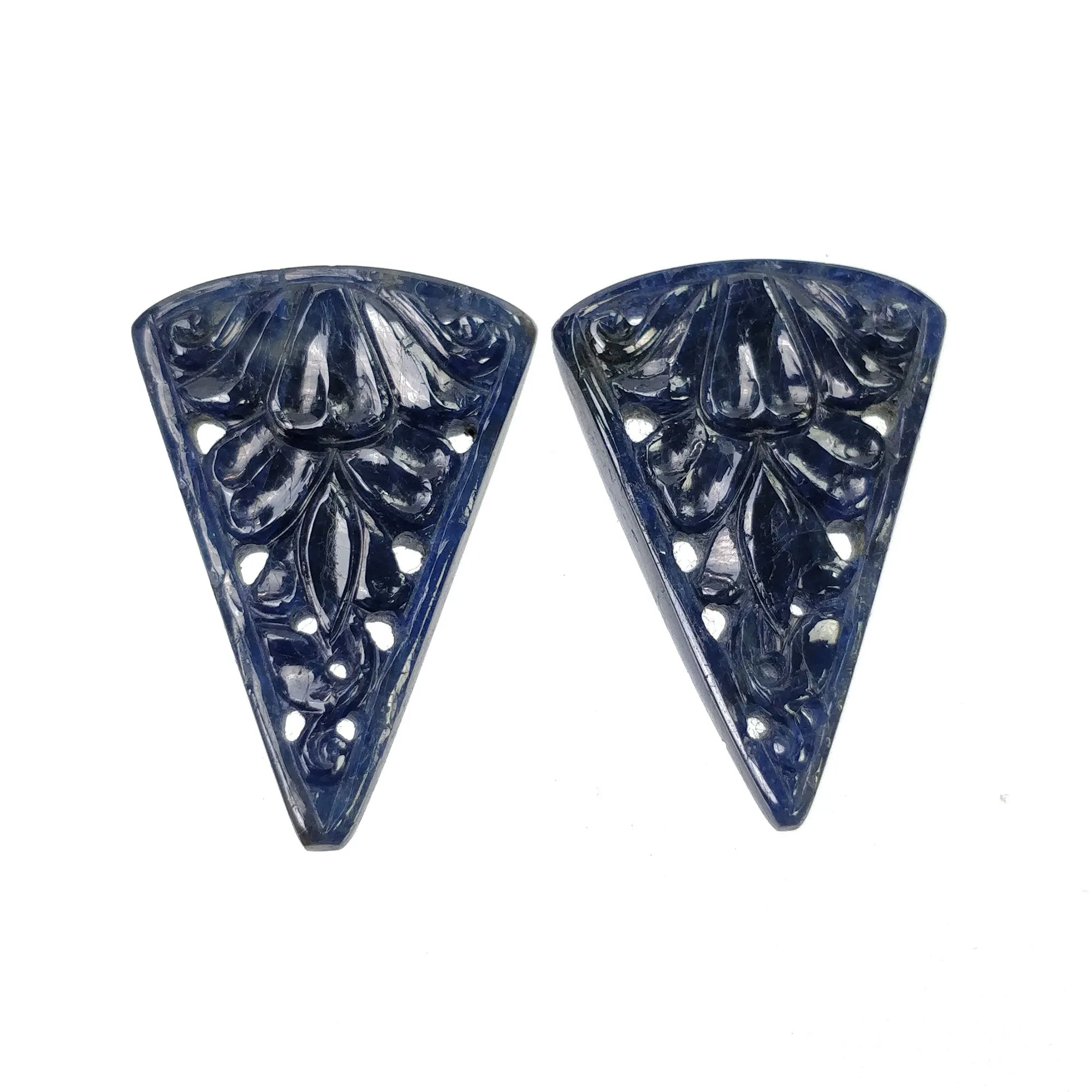 BLUE SAPPHIRE Gemstone Carving : 58.50cts Natural Untreated Unheated Sapphire Hand Carved Triangle Shape 34*23mm Pair (With Video)