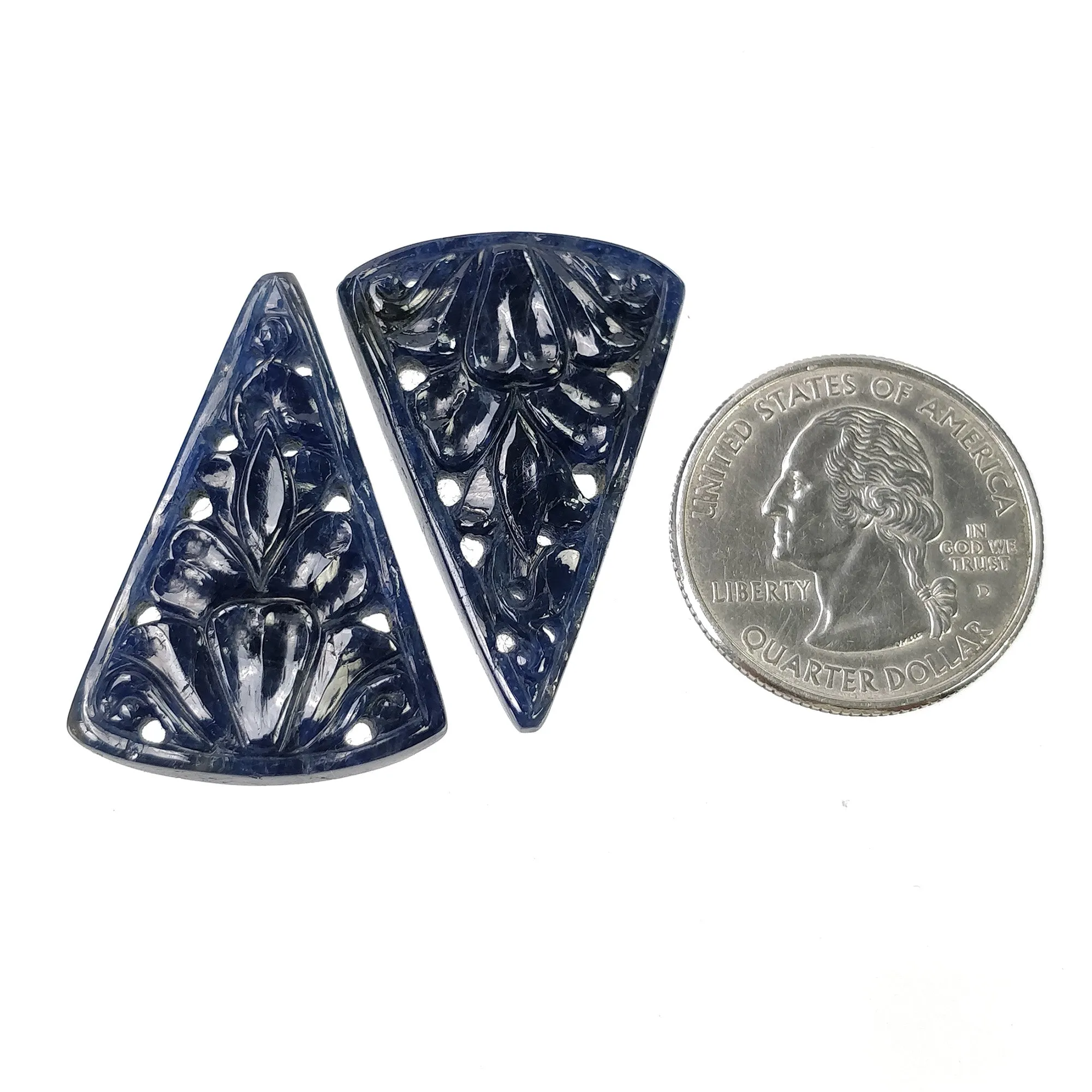 BLUE SAPPHIRE Gemstone Carving : 58.50cts Natural Untreated Unheated Sapphire Hand Carved Triangle Shape 34*23mm Pair (With Video)