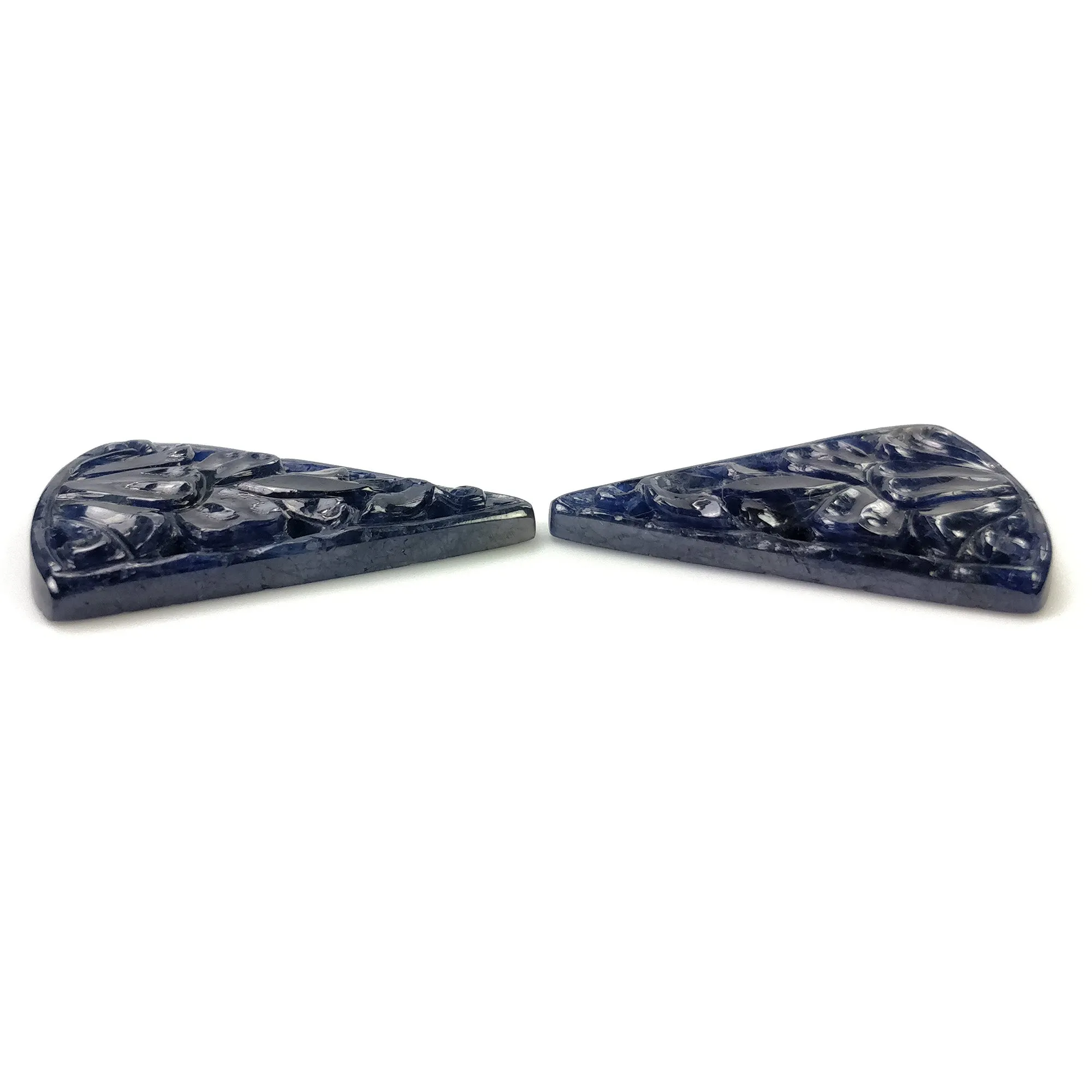 BLUE SAPPHIRE Gemstone Carving : 58.50cts Natural Untreated Unheated Sapphire Hand Carved Triangle Shape 34*23mm Pair (With Video)