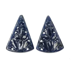 BLUE SAPPHIRE Gemstone Carving : 58.50cts Natural Untreated Unheated Sapphire Hand Carved Triangle Shape 34*23mm Pair (With Video)