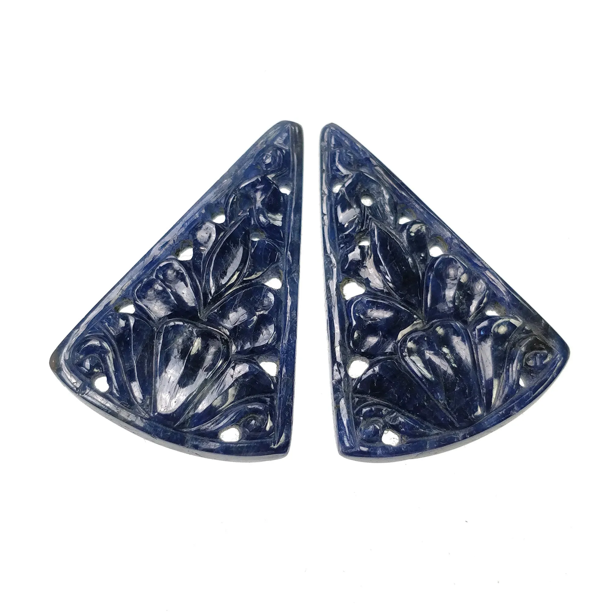 BLUE SAPPHIRE Gemstone Carving : 58.50cts Natural Untreated Unheated Sapphire Hand Carved Triangle Shape 34*23mm Pair (With Video)