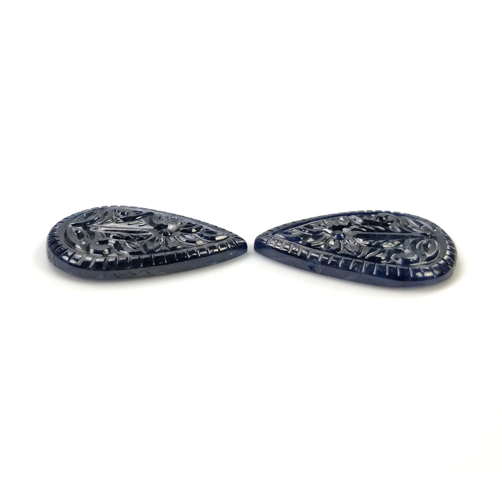 BLUE SAPPHIRE Gemstone Carving : 70.30cts Natural Untreated Unheated Sapphire Hand Carved Pear Shape 34.5*24mm Pair (With Video)