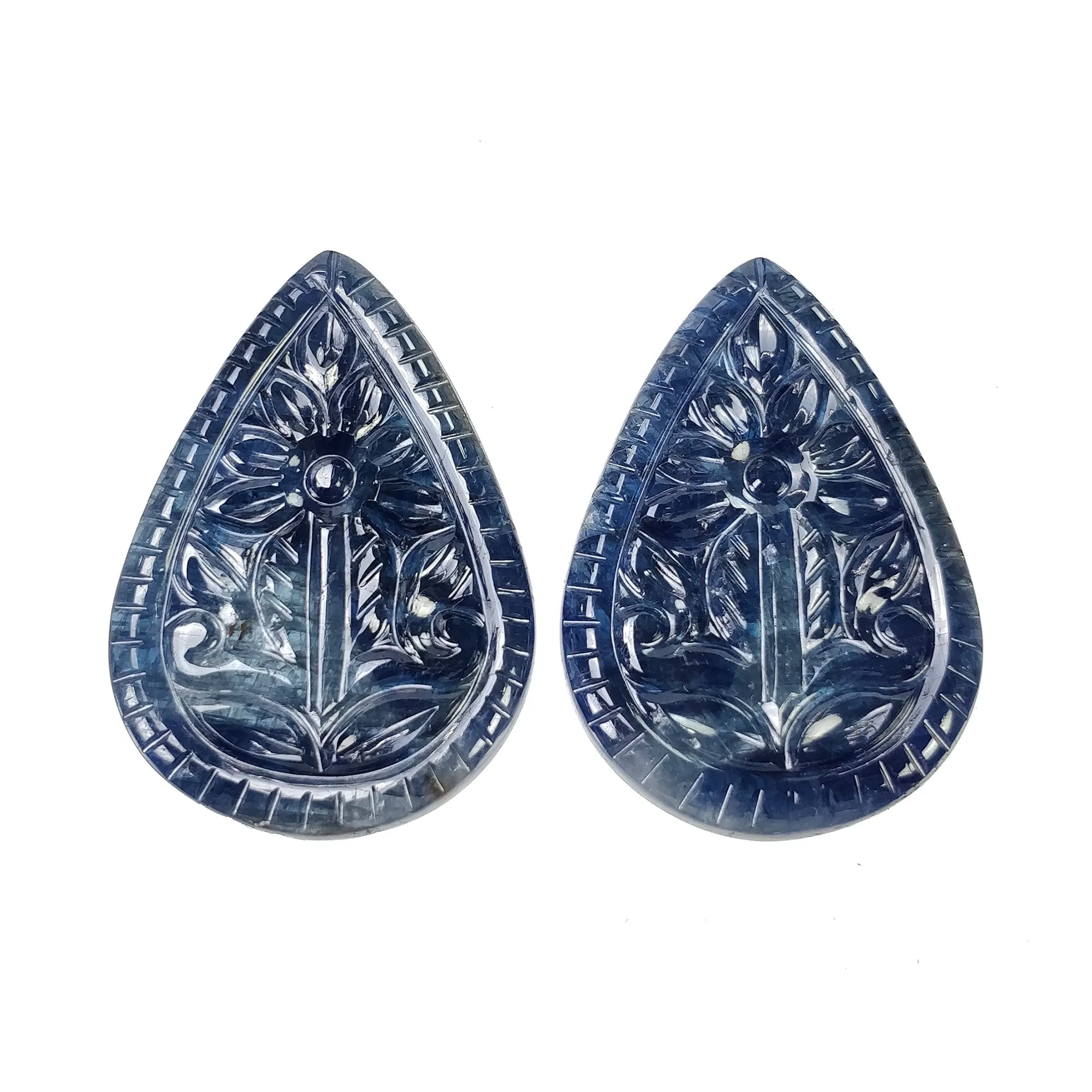 BLUE SAPPHIRE Gemstone Carving : 70.30cts Natural Untreated Unheated Sapphire Hand Carved Pear Shape 34.5*24mm Pair (With Video)