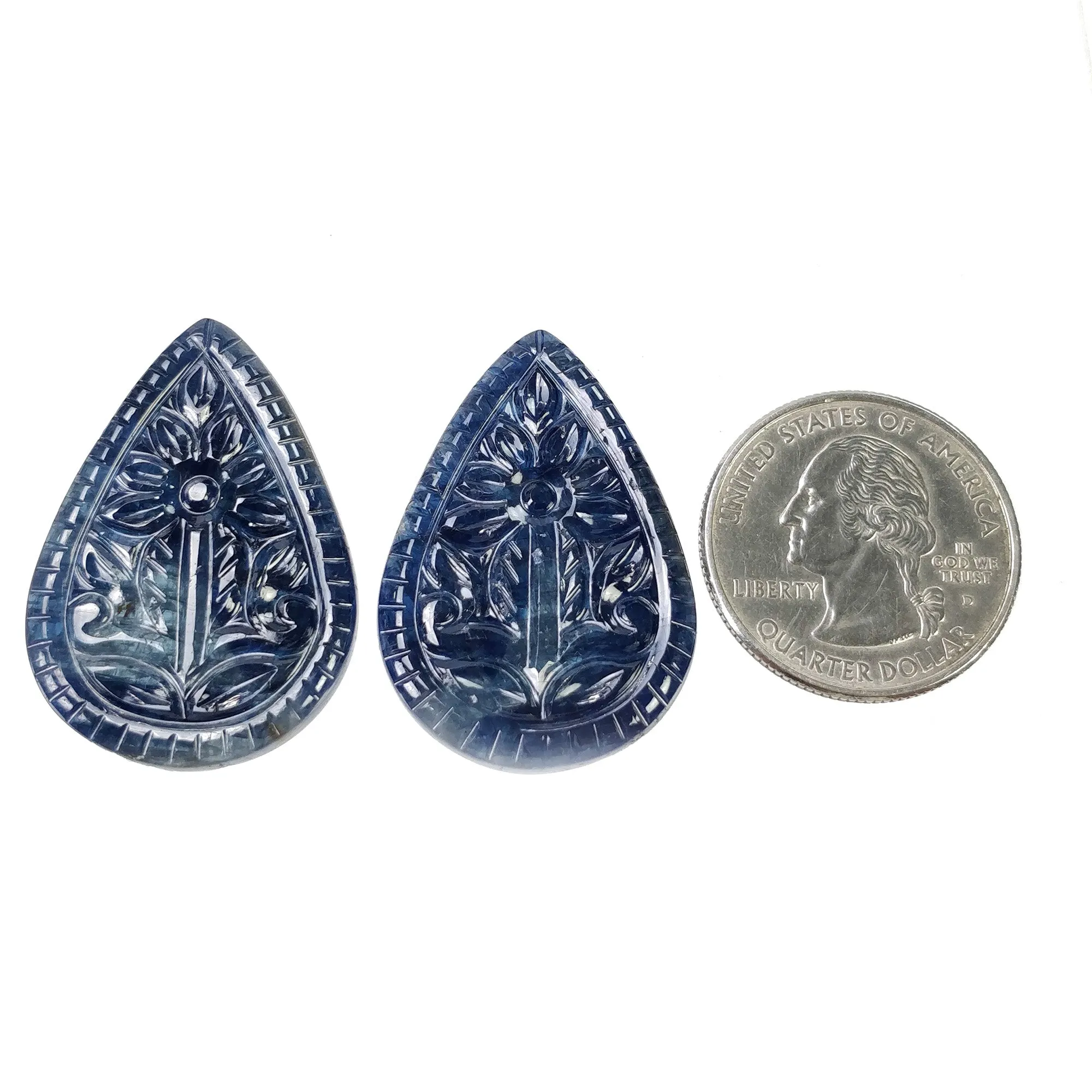 BLUE SAPPHIRE Gemstone Carving : 70.30cts Natural Untreated Unheated Sapphire Hand Carved Pear Shape 34.5*24mm Pair (With Video)