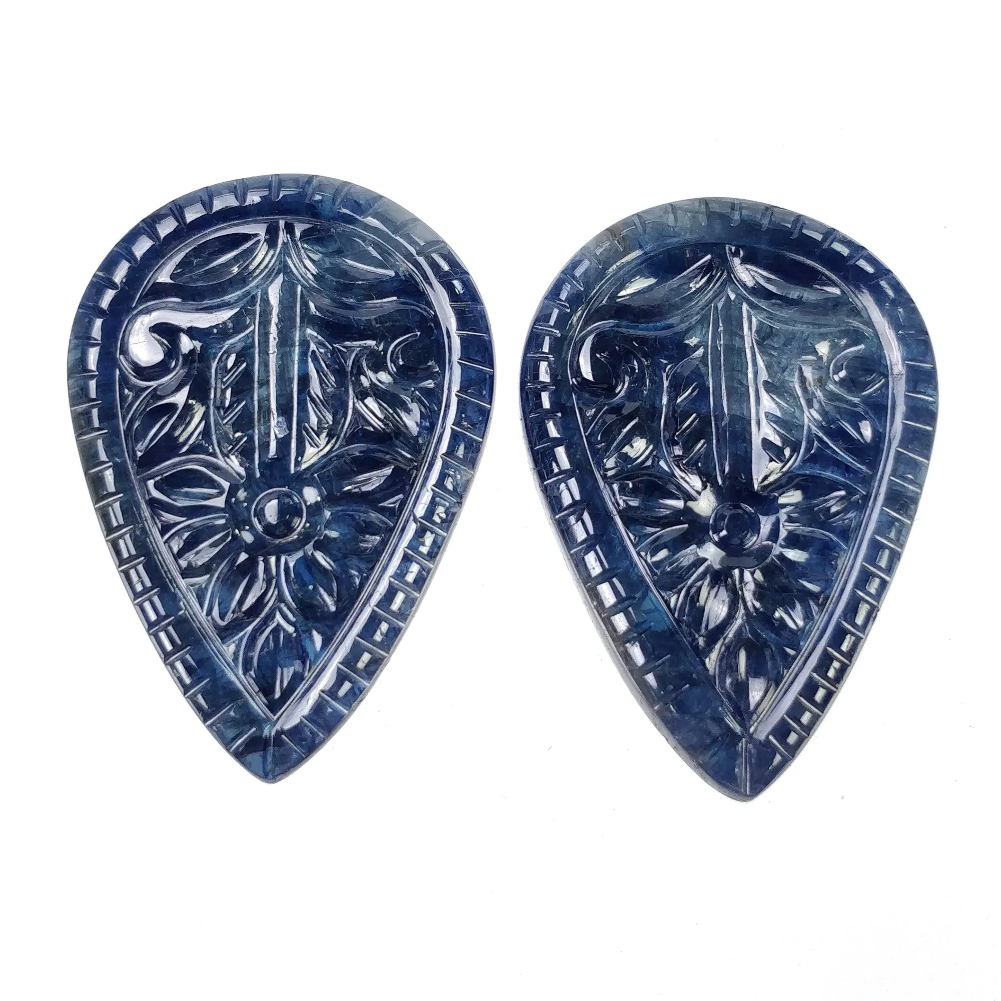 BLUE SAPPHIRE Gemstone Carving : 70.30cts Natural Untreated Unheated Sapphire Hand Carved Pear Shape 34.5*24mm Pair (With Video)