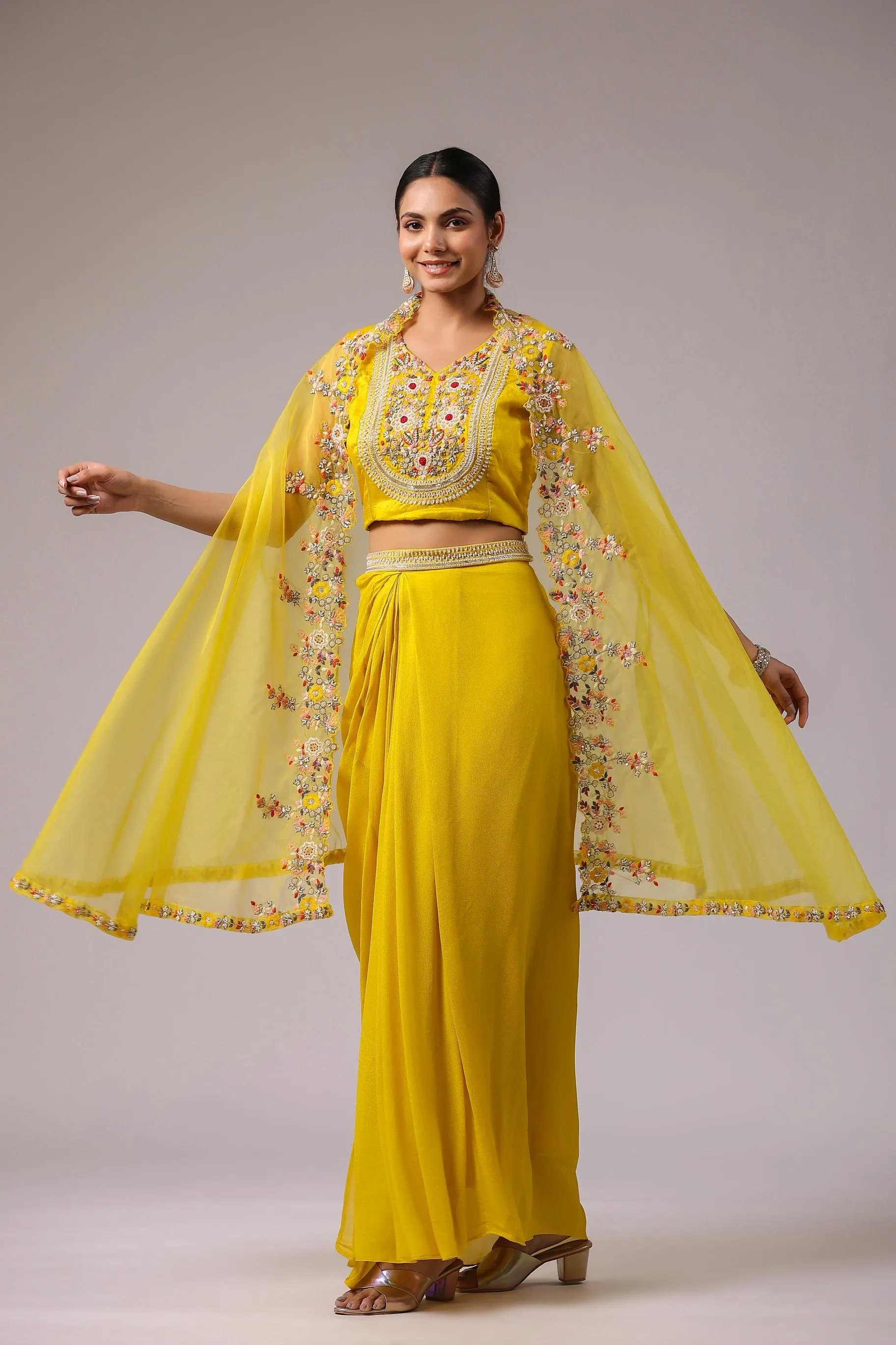 Bright Yellow Embroidered Premium Organza Silk Cape Set