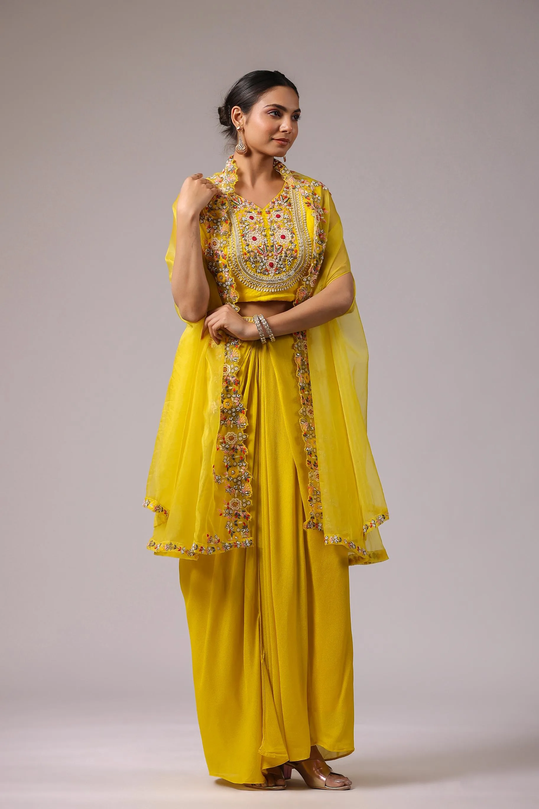 Bright Yellow Embroidered Premium Organza Silk Cape Set