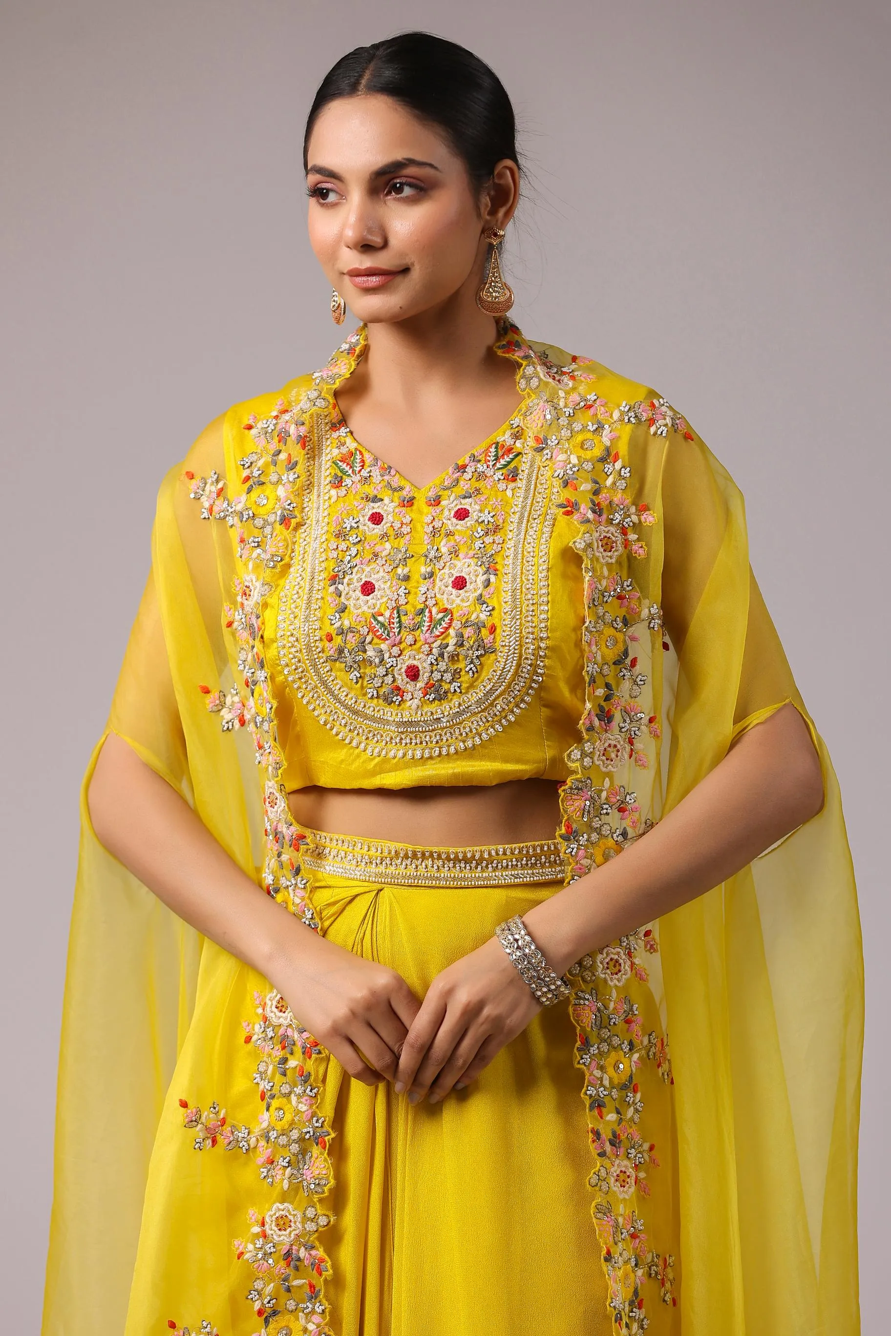 Bright Yellow Embroidered Premium Organza Silk Cape Set