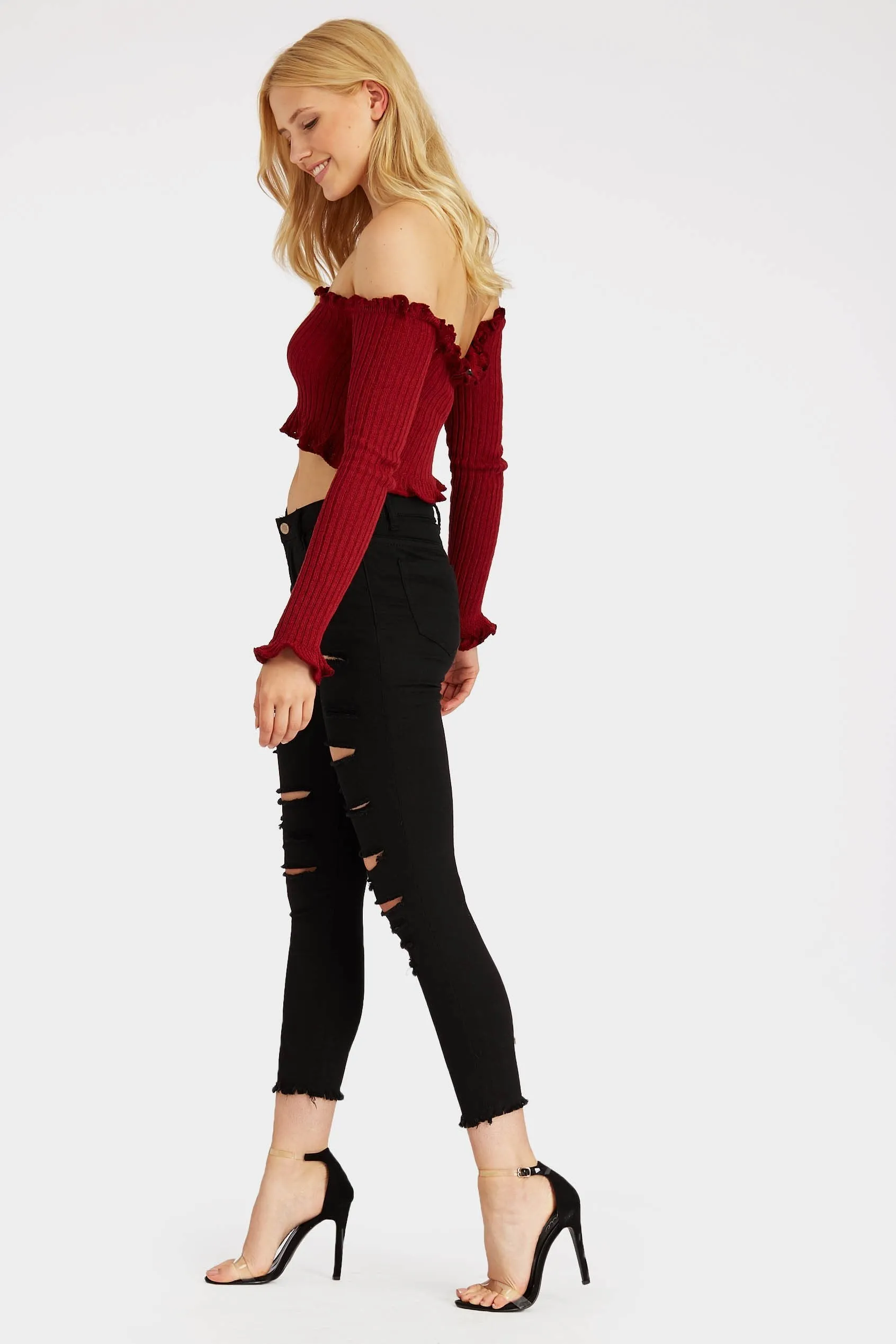 Burgundy Ruffle Edge Crop Jumper