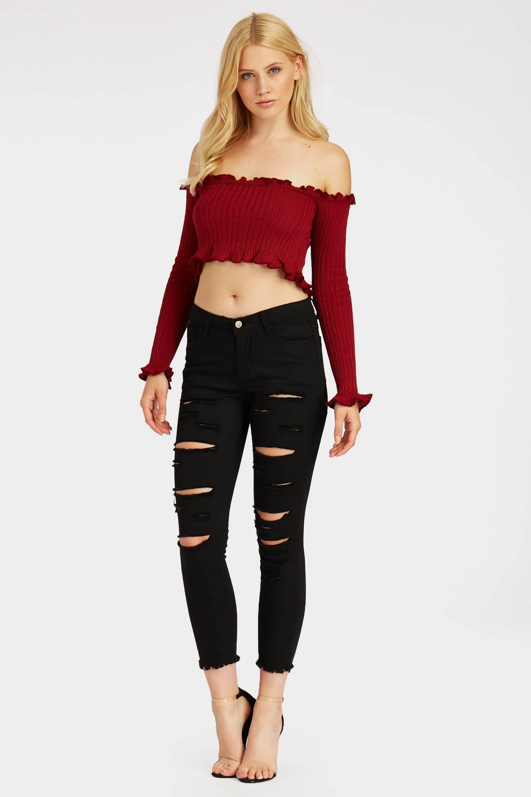 Burgundy Ruffle Edge Crop Jumper