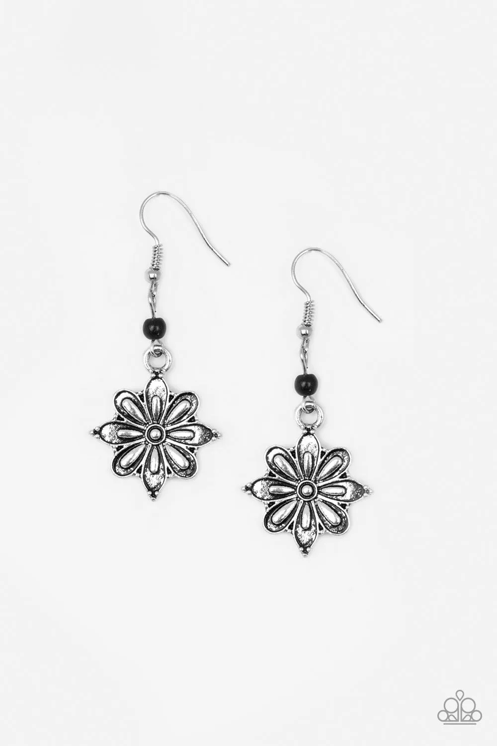 Cactus Blossom Black and Silver Flower Earrings - Paparazzi Accessories