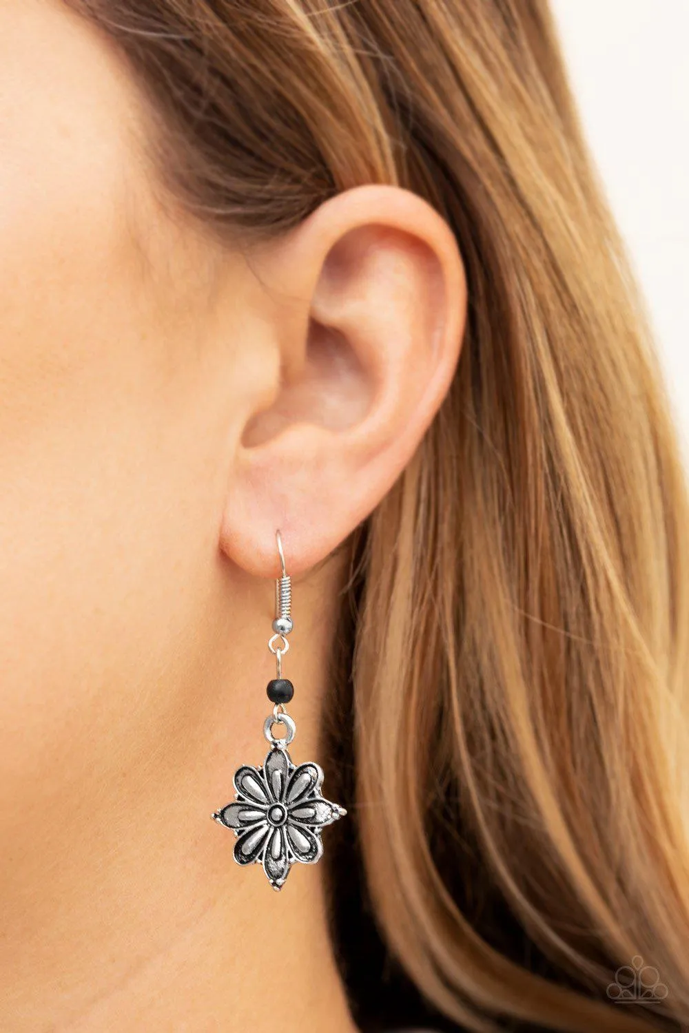 Cactus Blossom Black and Silver Flower Earrings - Paparazzi Accessories