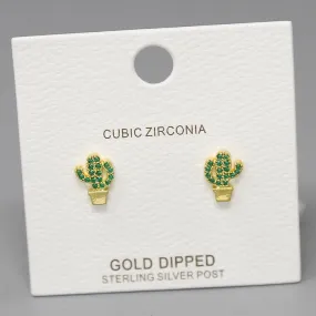 Cactus CZ Pave Gold Dipped Stud Earrings