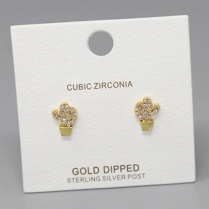 Cactus CZ Pave Gold Dipped Stud Earrings