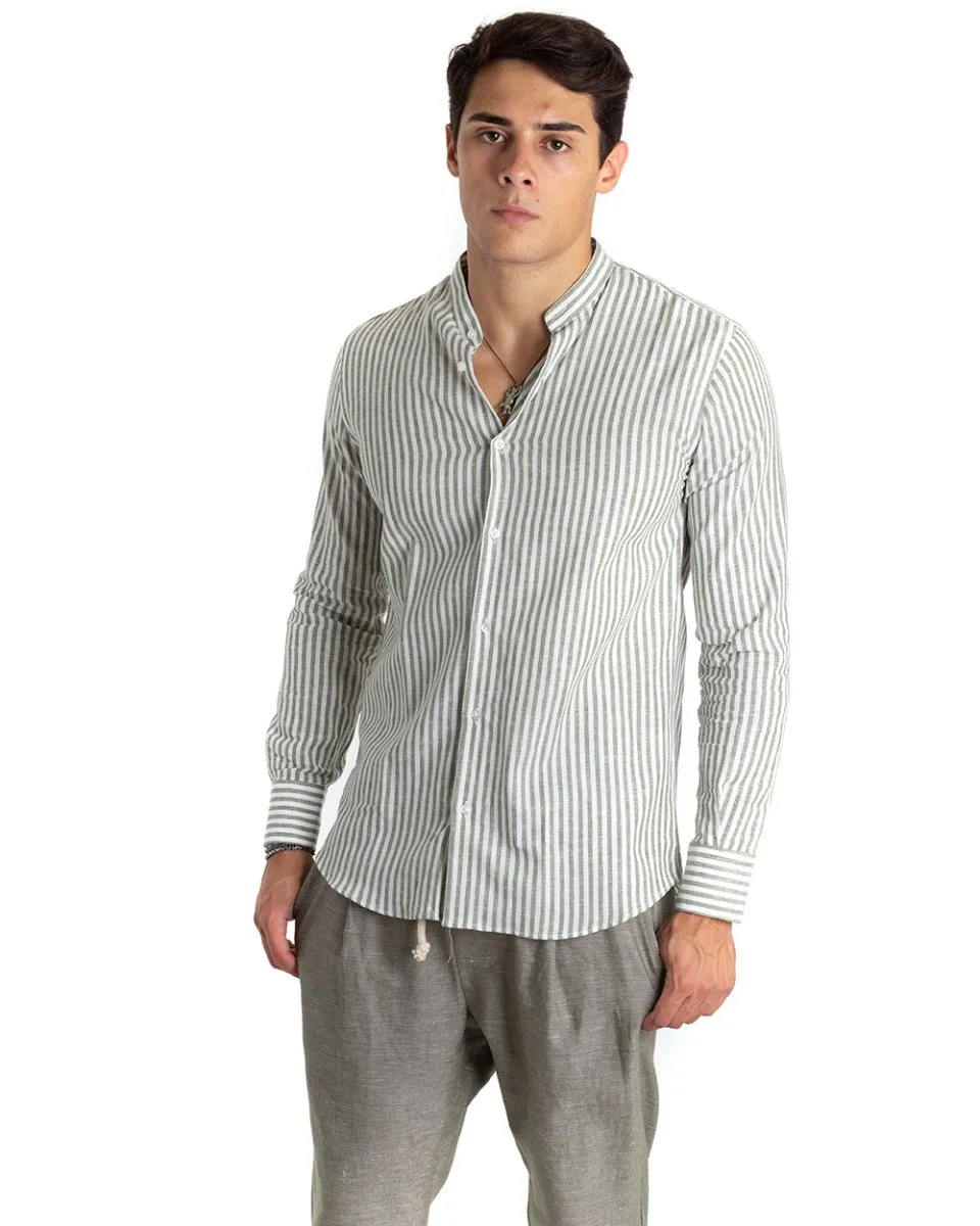 Camicia Uomo Lino Collo Coreano Manica Lunga Regular Fit Riga Stretta Verde GIOSAL-C2416A