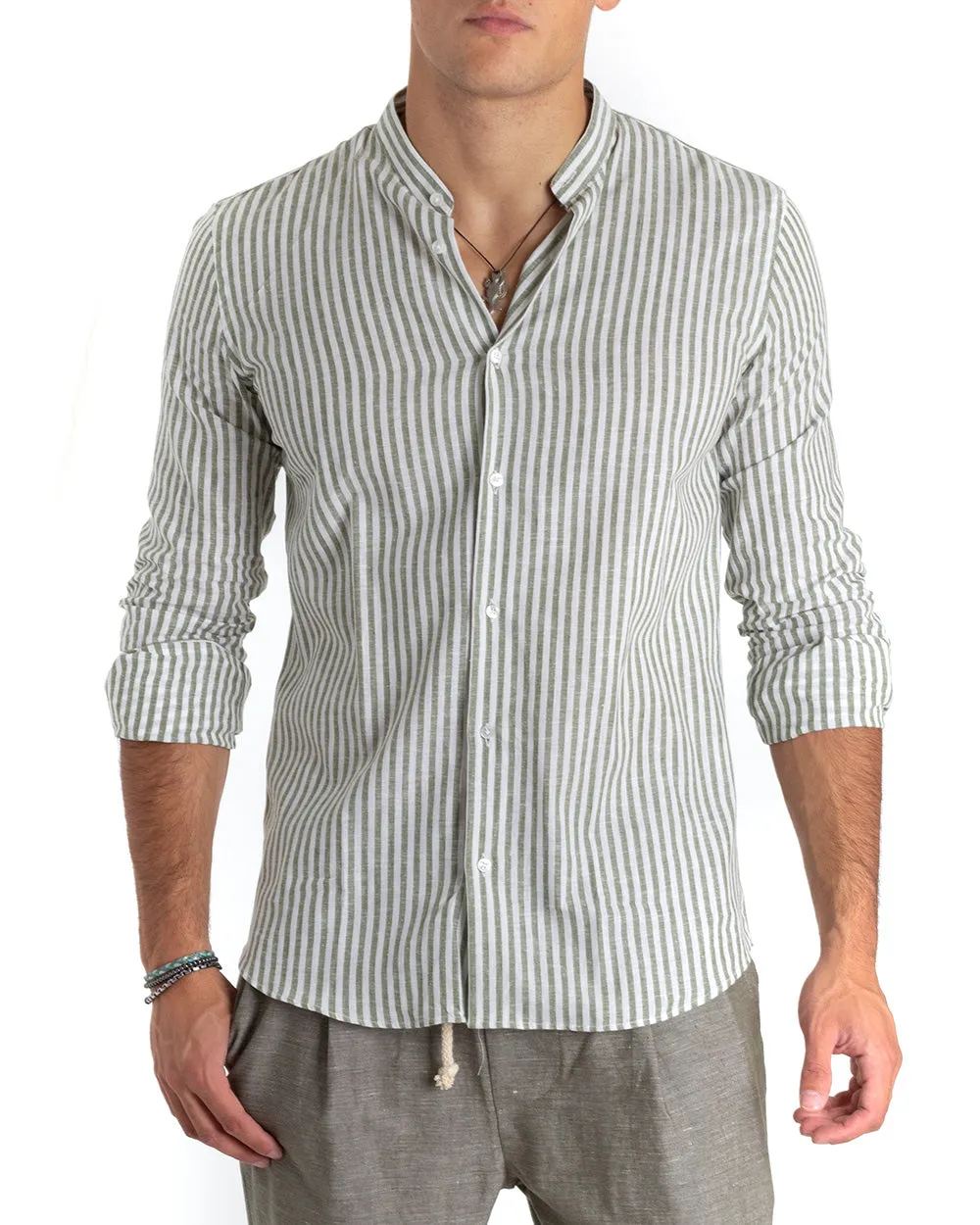 Camicia Uomo Lino Collo Coreano Manica Lunga Regular Fit Riga Stretta Verde GIOSAL-C2416A