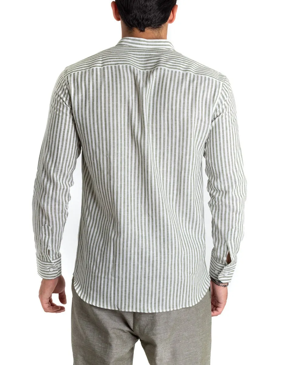 Camicia Uomo Lino Collo Coreano Manica Lunga Regular Fit Riga Stretta Verde GIOSAL-C2416A