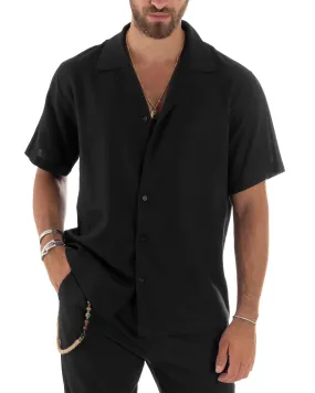 Camicia Uomo Lino Mezze Maniche Con Bottoncini Colletto Bowling Collo Con Revers Casual Boxy Fit Tinta Unita Nero GIOSAL-CC1211A