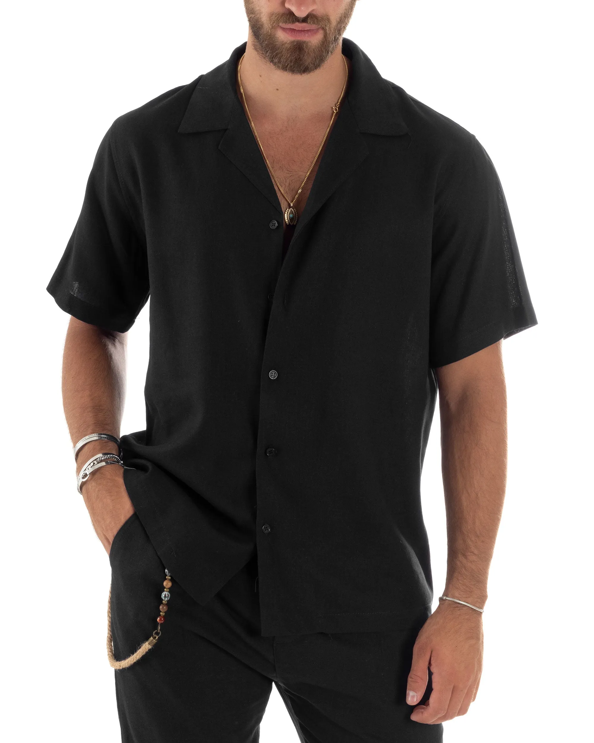 Camicia Uomo Lino Mezze Maniche Con Bottoncini Colletto Bowling Collo Con Revers Casual Boxy Fit Tinta Unita Nero GIOSAL-CC1211A