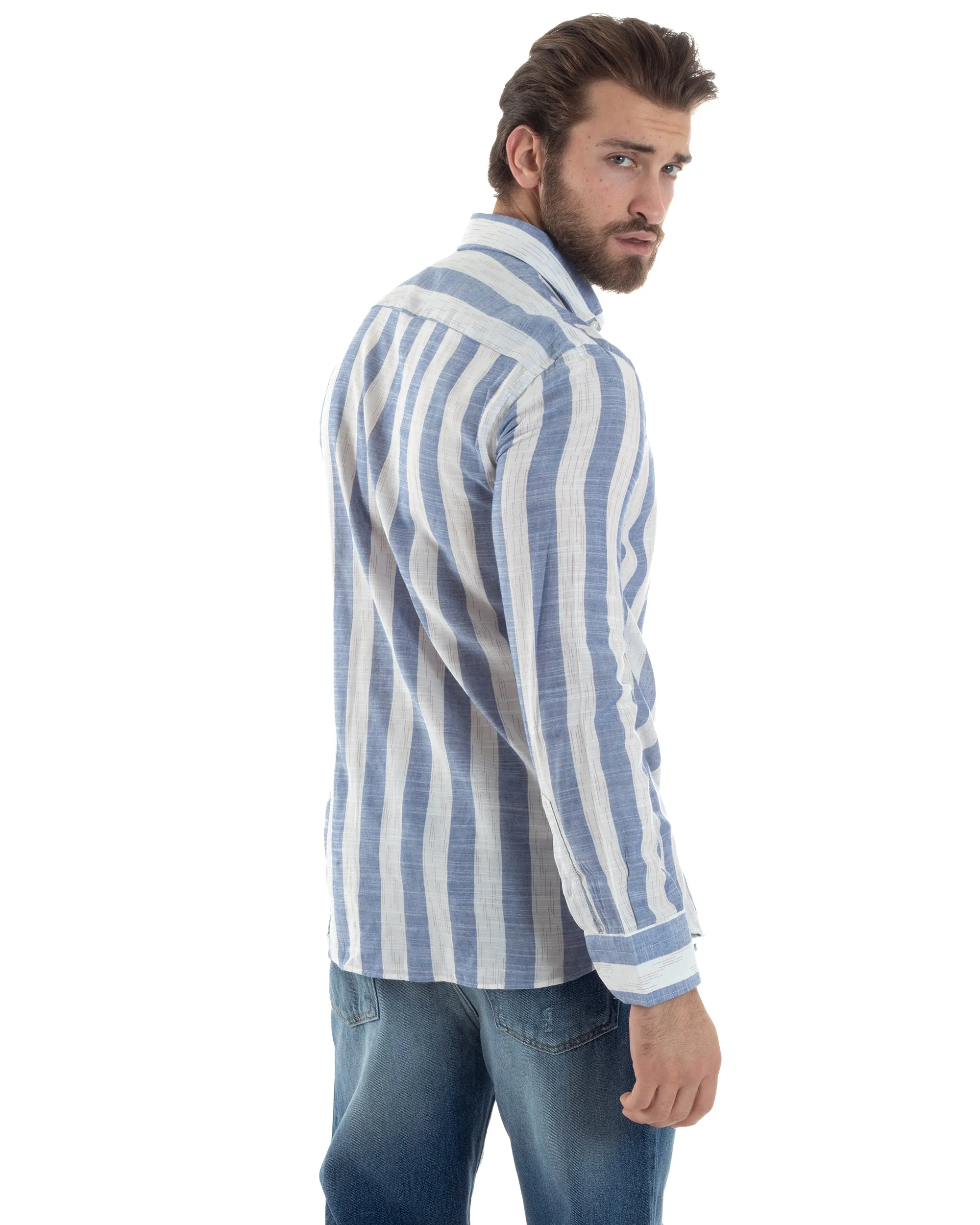 Camicia Uomo Manica Lunga A Righe Lino Collo Francese Regular Fit Riga Larga Blu GIOSAL-C2855A