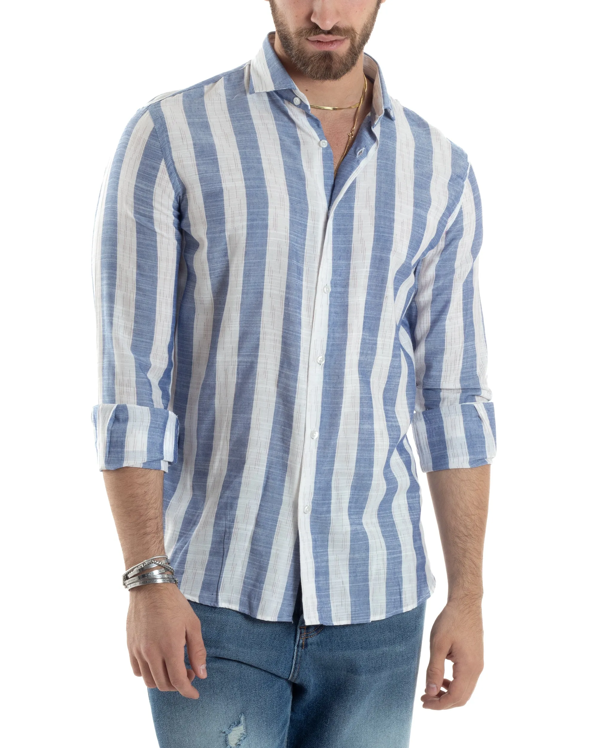 Camicia Uomo Manica Lunga A Righe Lino Collo Francese Regular Fit Riga Larga Blu GIOSAL-C2855A