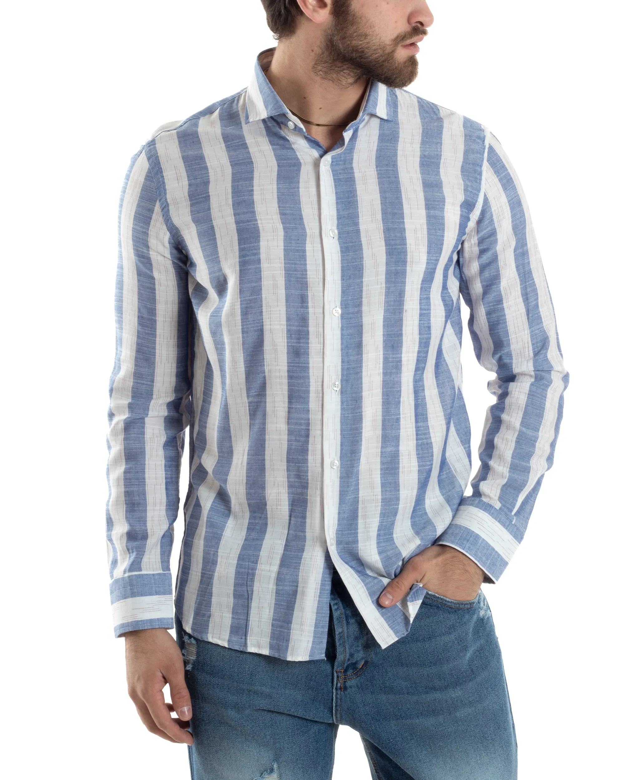 Camicia Uomo Manica Lunga A Righe Lino Collo Francese Regular Fit Riga Larga Blu GIOSAL-C2855A