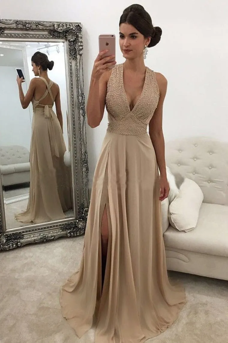 Chic Chiffon Open Back V Neck Beading Floor Length Prom Dresses with Split