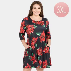 Christmas Poinsettia Flower Print Holiday Casual A-Line Dress