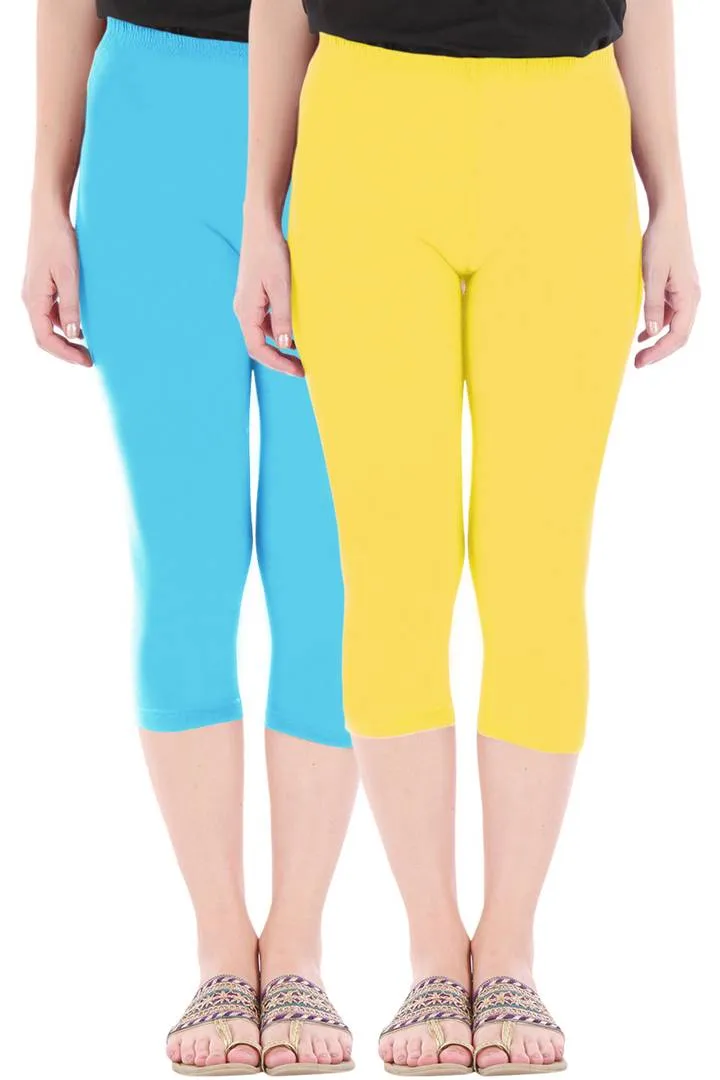 Combo Pack of 2 Skinny Fit 3/4 Capris Leggings for Women Sky Blue Lemon Yellow