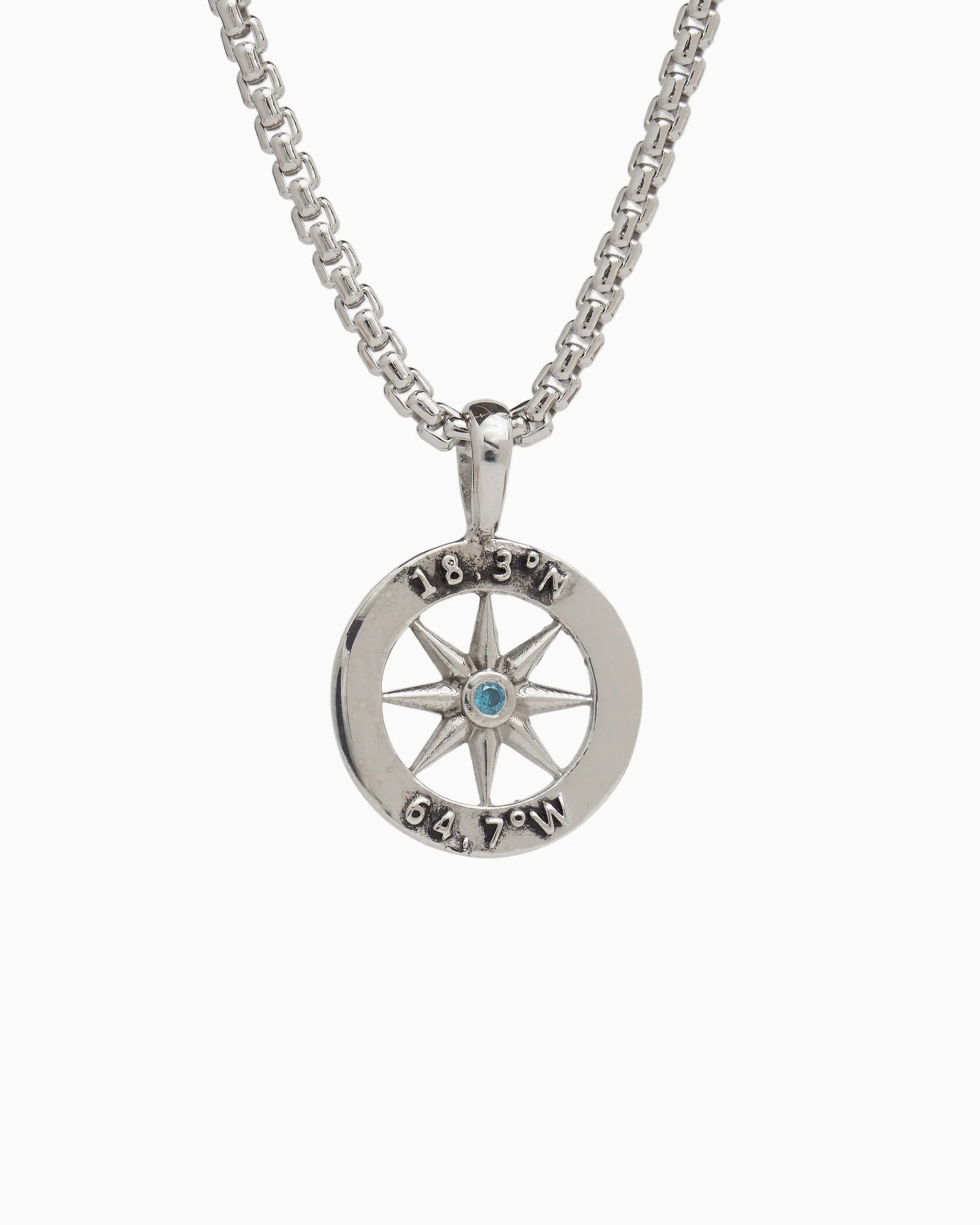 Compass Pendant with St. John Coordinates - Blue Zircon