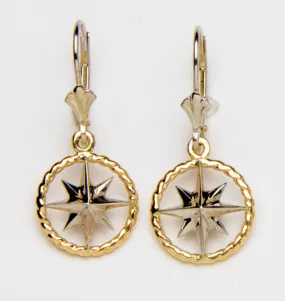 Compass Rose Medium 14K Two-Tone Gold Rope Rim Lever Back Fleur-De-Lis Dangle Earrings