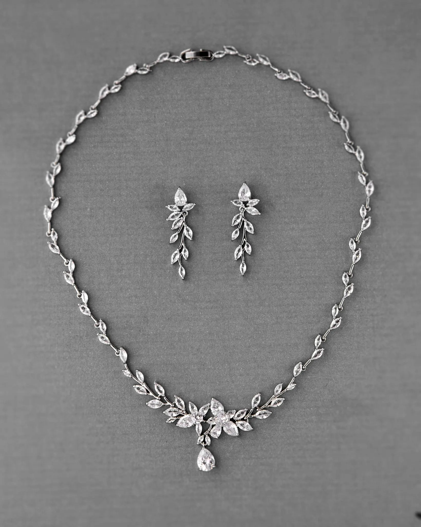 CZ Teardrop Flowers and Vines Bridal Necklace Set