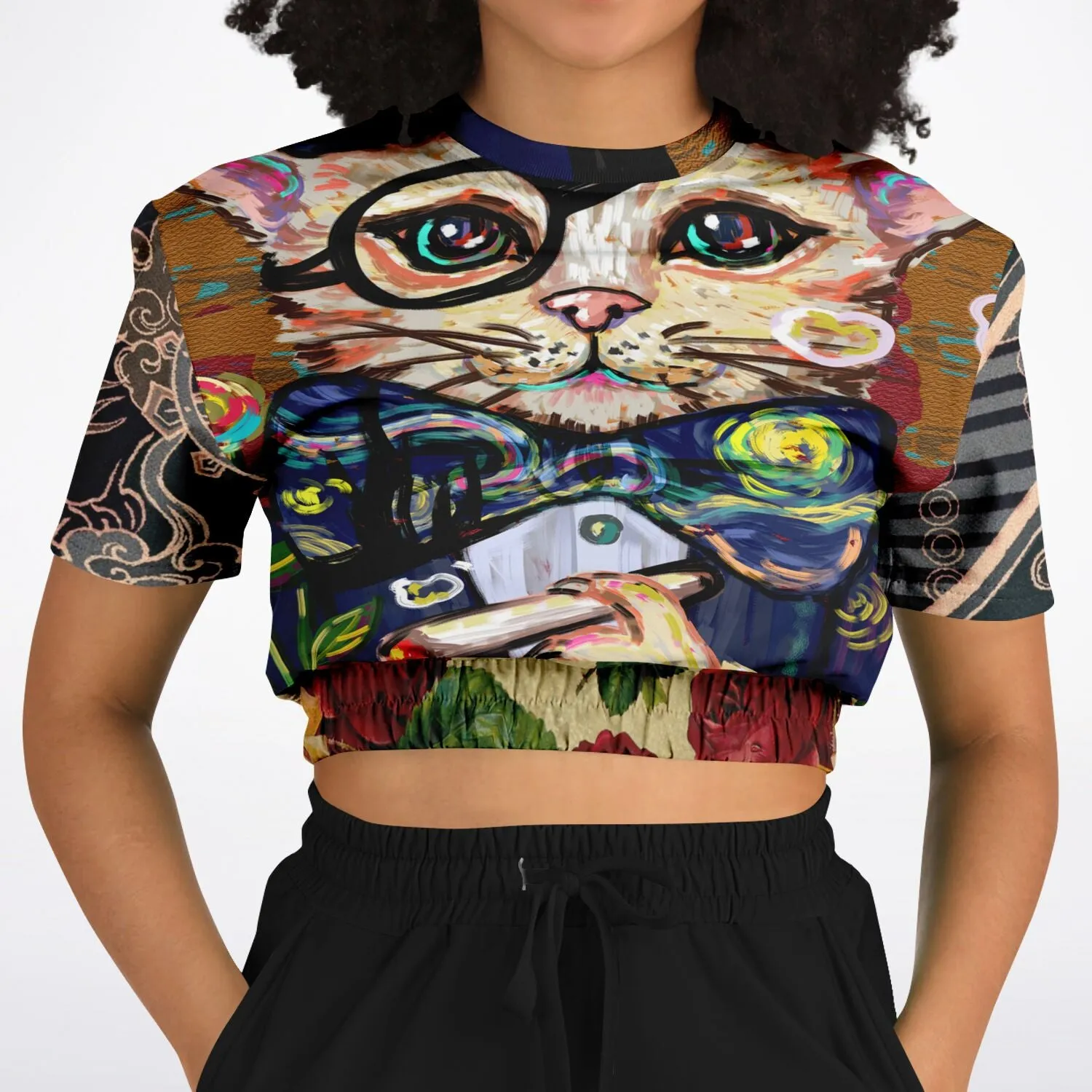 Dapper Cat Short Sleeve Cropped Eco-Poly Sweater