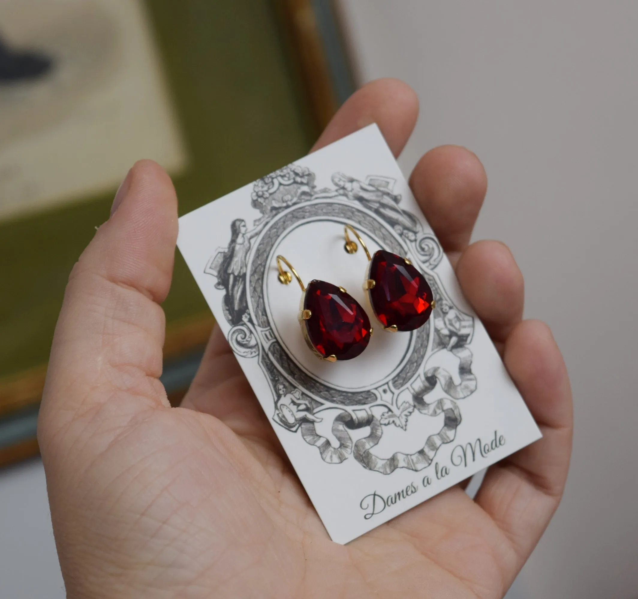 Dark Red Garnet Earring - Large Teardrop