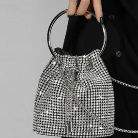 Diamante Bucket Bag - Drawstring Evening Bag Clutch for Women