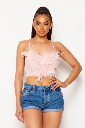 Dilone Feather Rossette Tulle Mesh Bustier Cami Crop Top - Ballet Pink