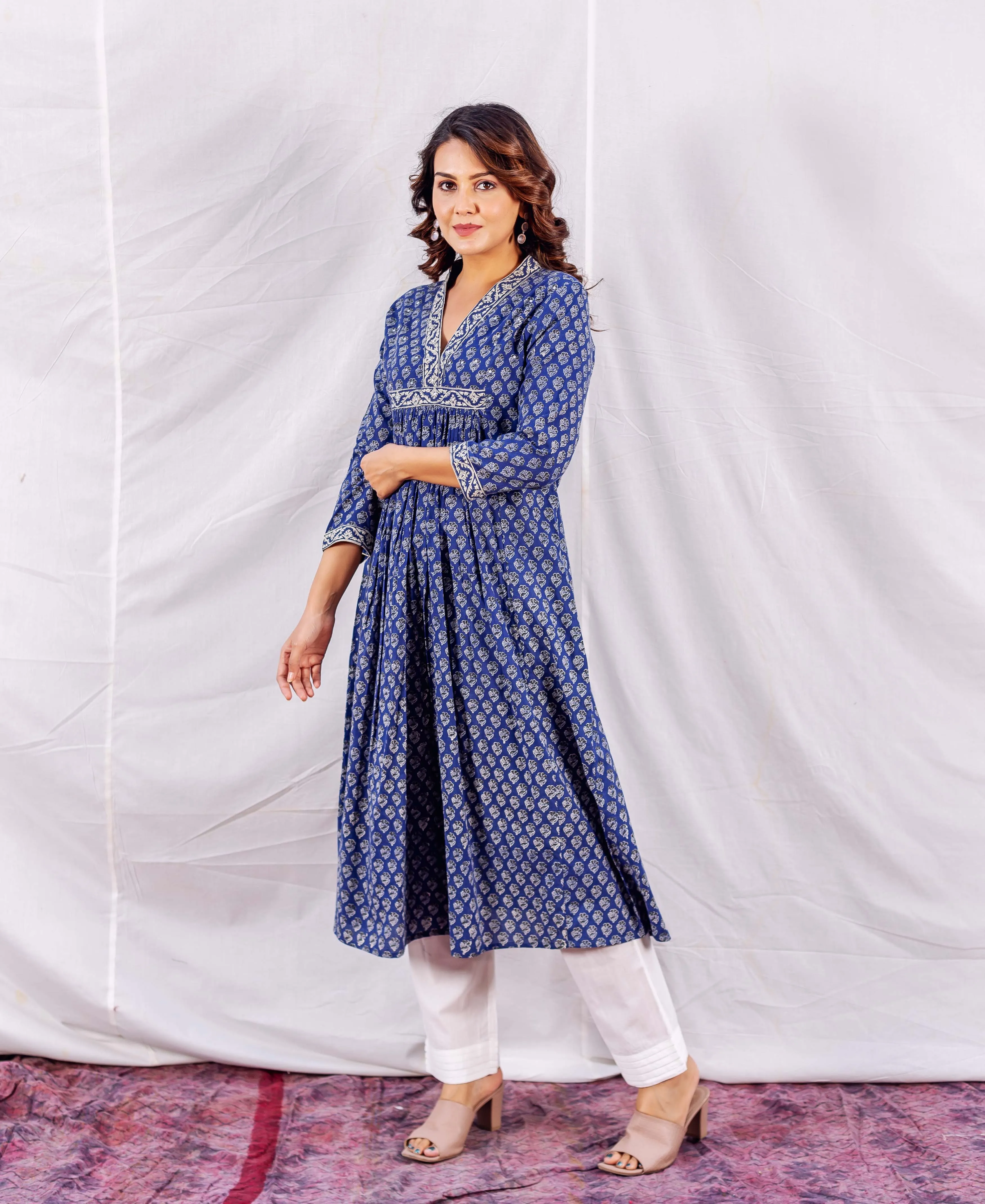 Eesha Indigo A-Line Block Printed Kurta