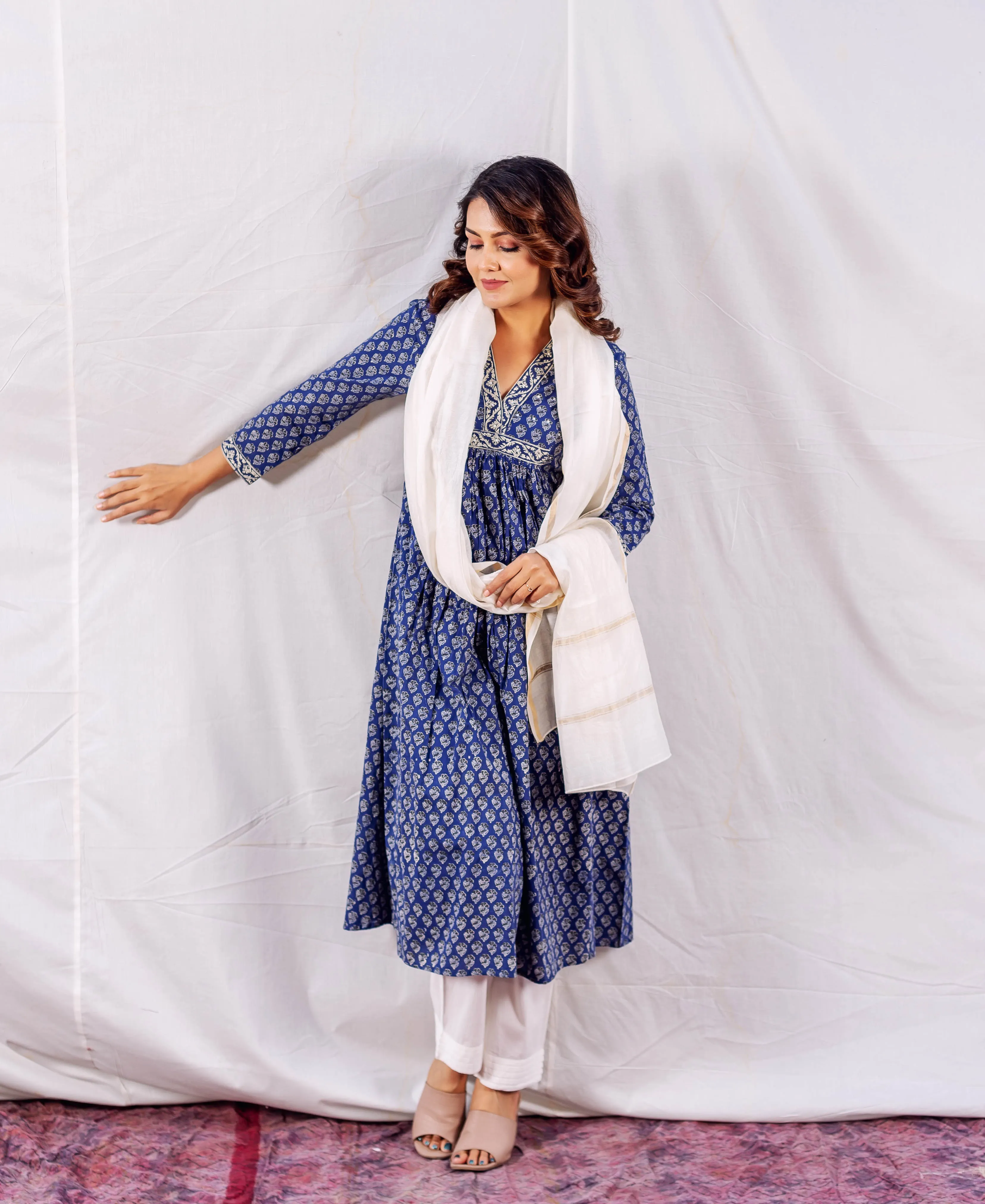 Eesha Indigo A-Line Block Printed Kurta