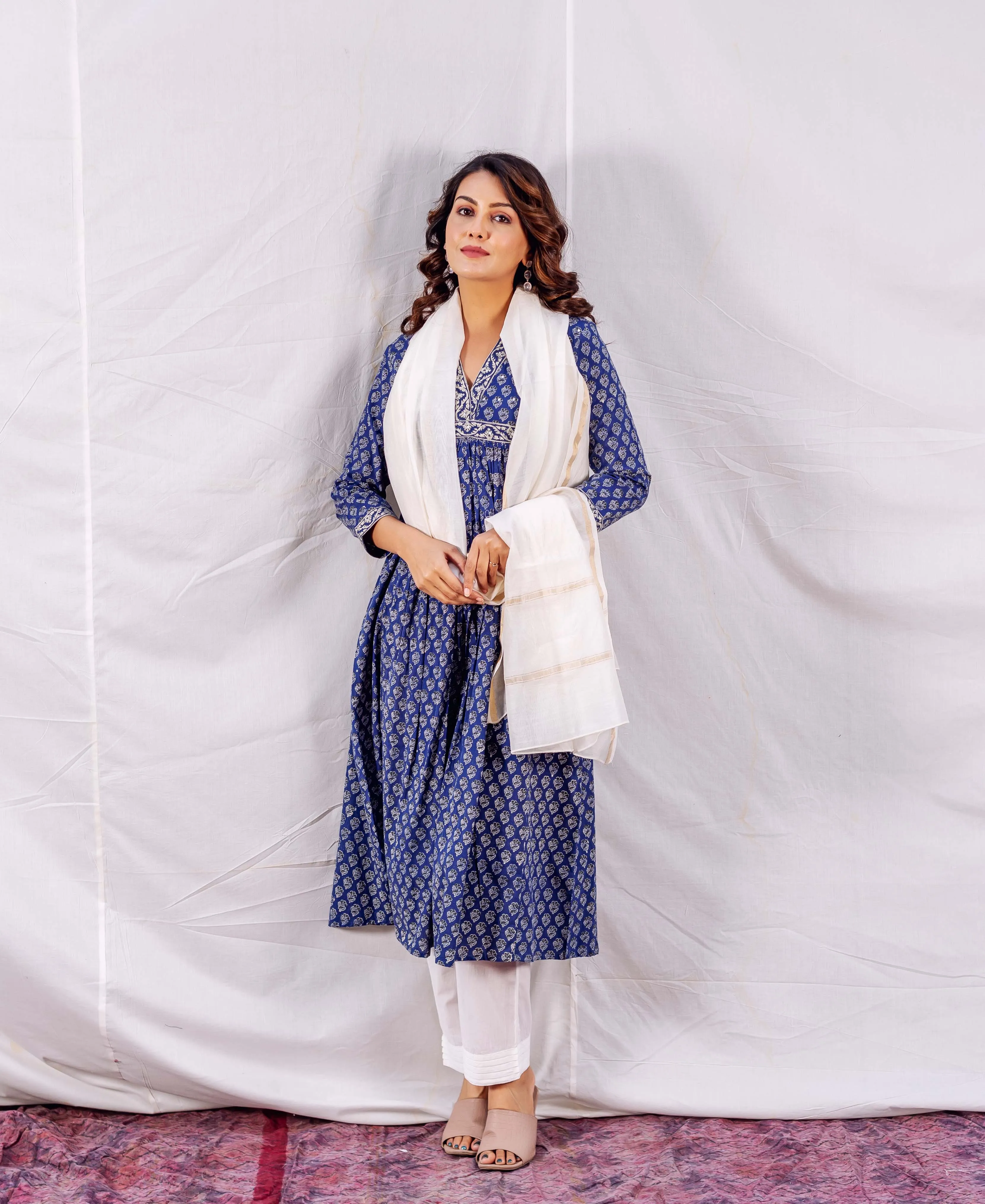 Eesha Indigo A-Line Block Printed Kurta