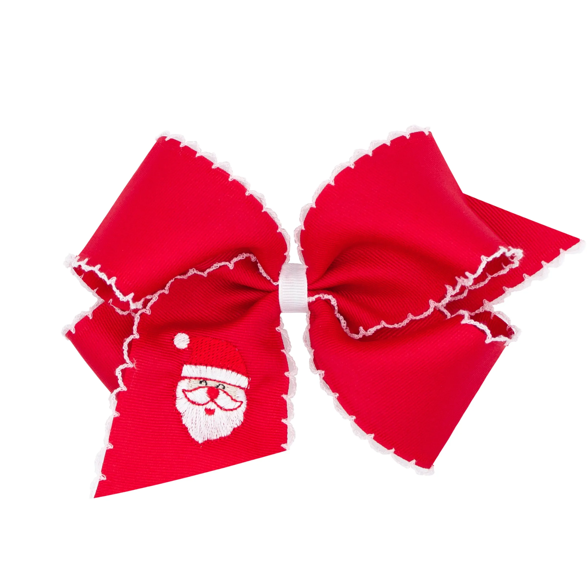 Embroidered Moonstitch Grosgrain Hair Bow on Clippie - Santa on Red