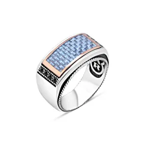 Enameled Blue Carbon with Zircon Stones Curved Silver Men's Ring