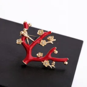 Exquisite Crystal Flowers on a Branch Red Enamel Brooch