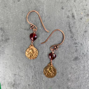 Garnet Gemstone hearts with Copper Circle with Cupid Imprint Dangle earrings