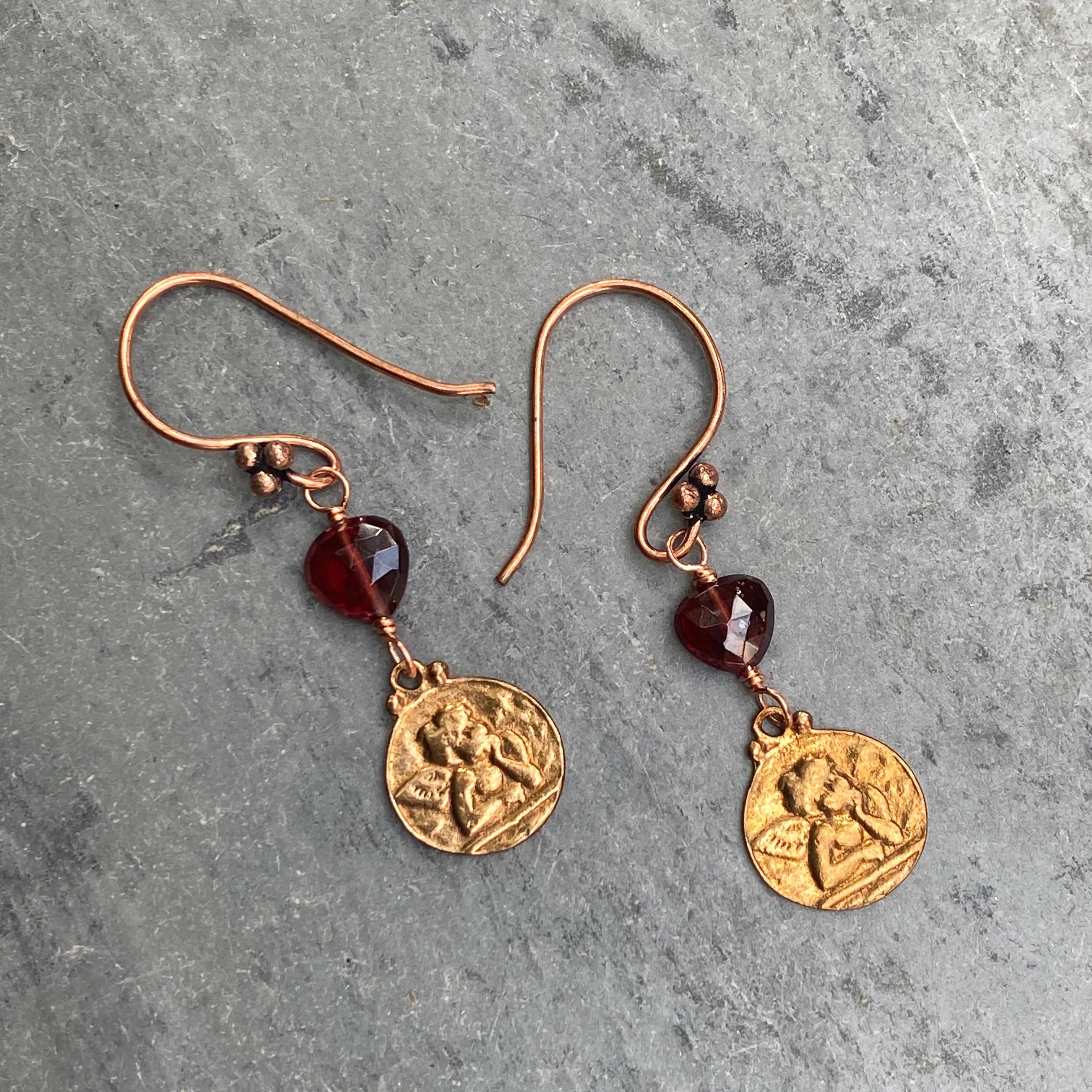 Garnet Gemstone hearts with Copper Circle with Cupid Imprint Dangle earrings