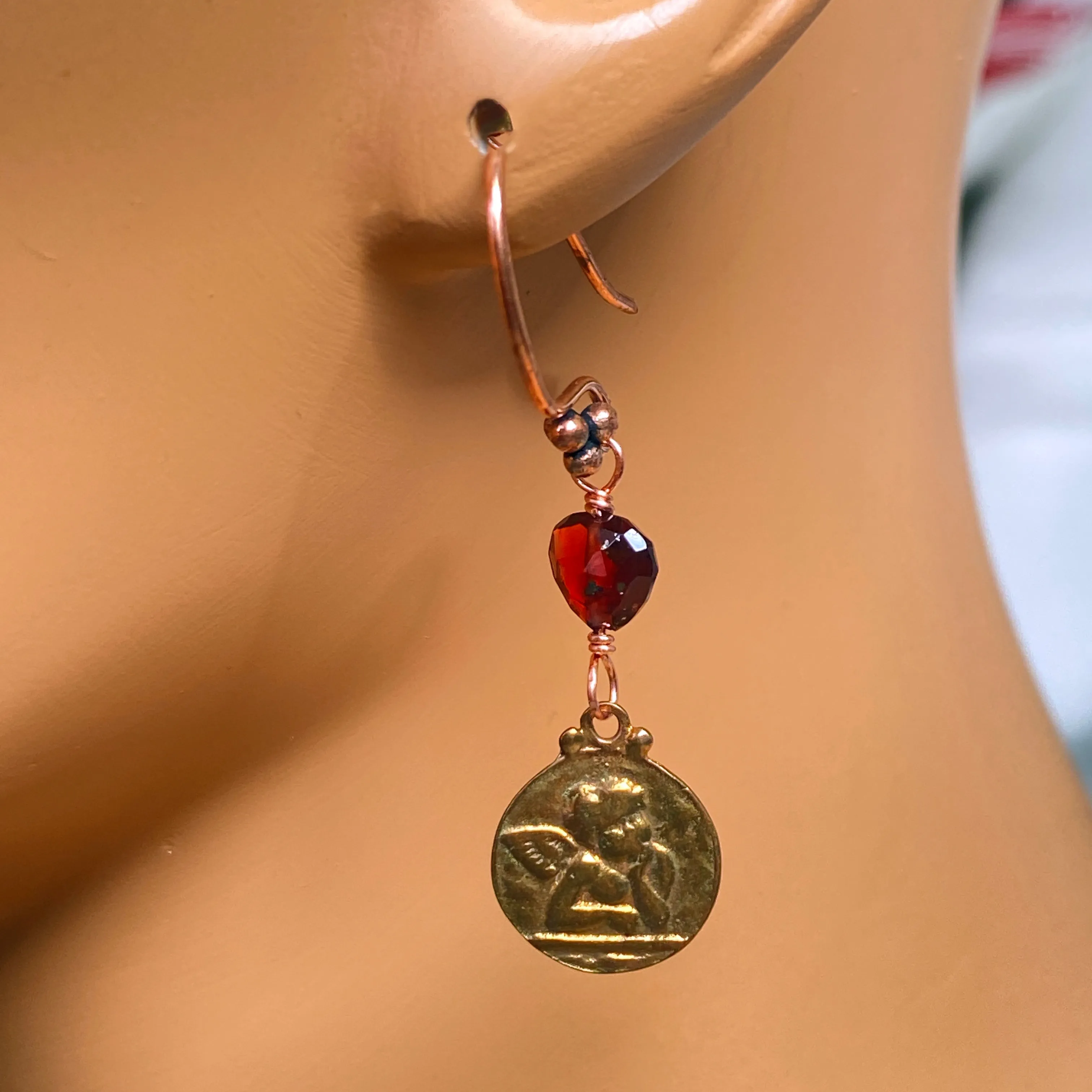 Garnet Gemstone hearts with Copper Circle with Cupid Imprint Dangle earrings