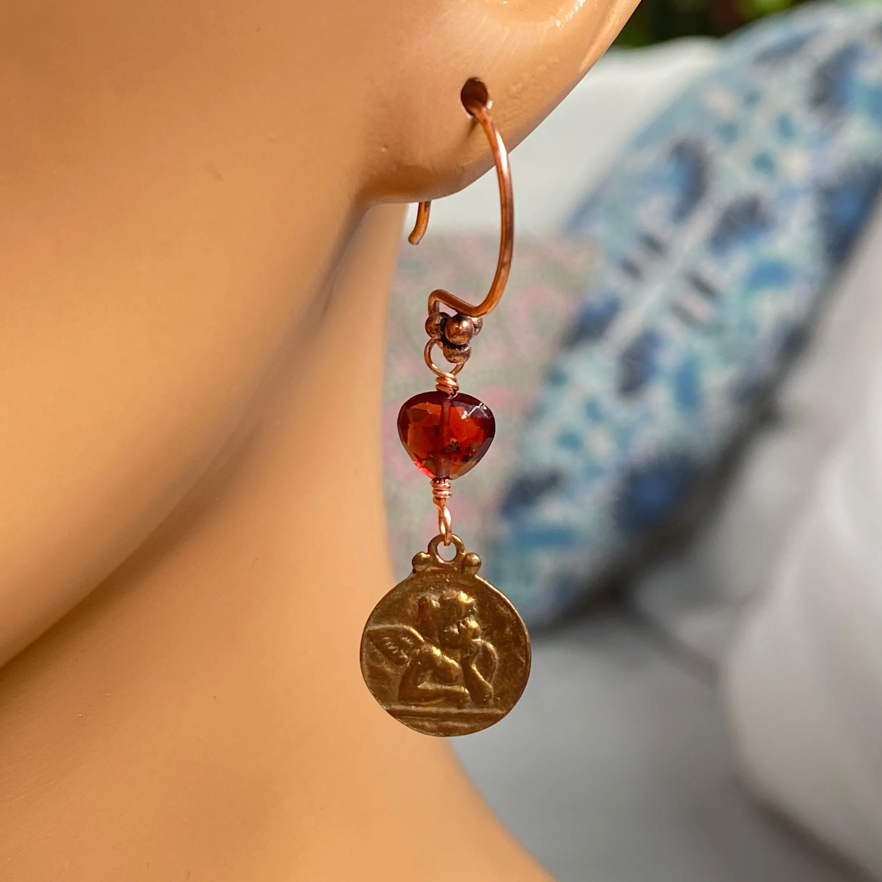 Garnet Gemstone hearts with Copper Circle with Cupid Imprint Dangle earrings