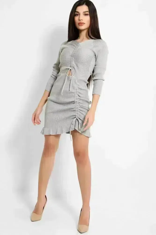 Grey Ribbed Knit Asymmetric Drawstring Details Dress