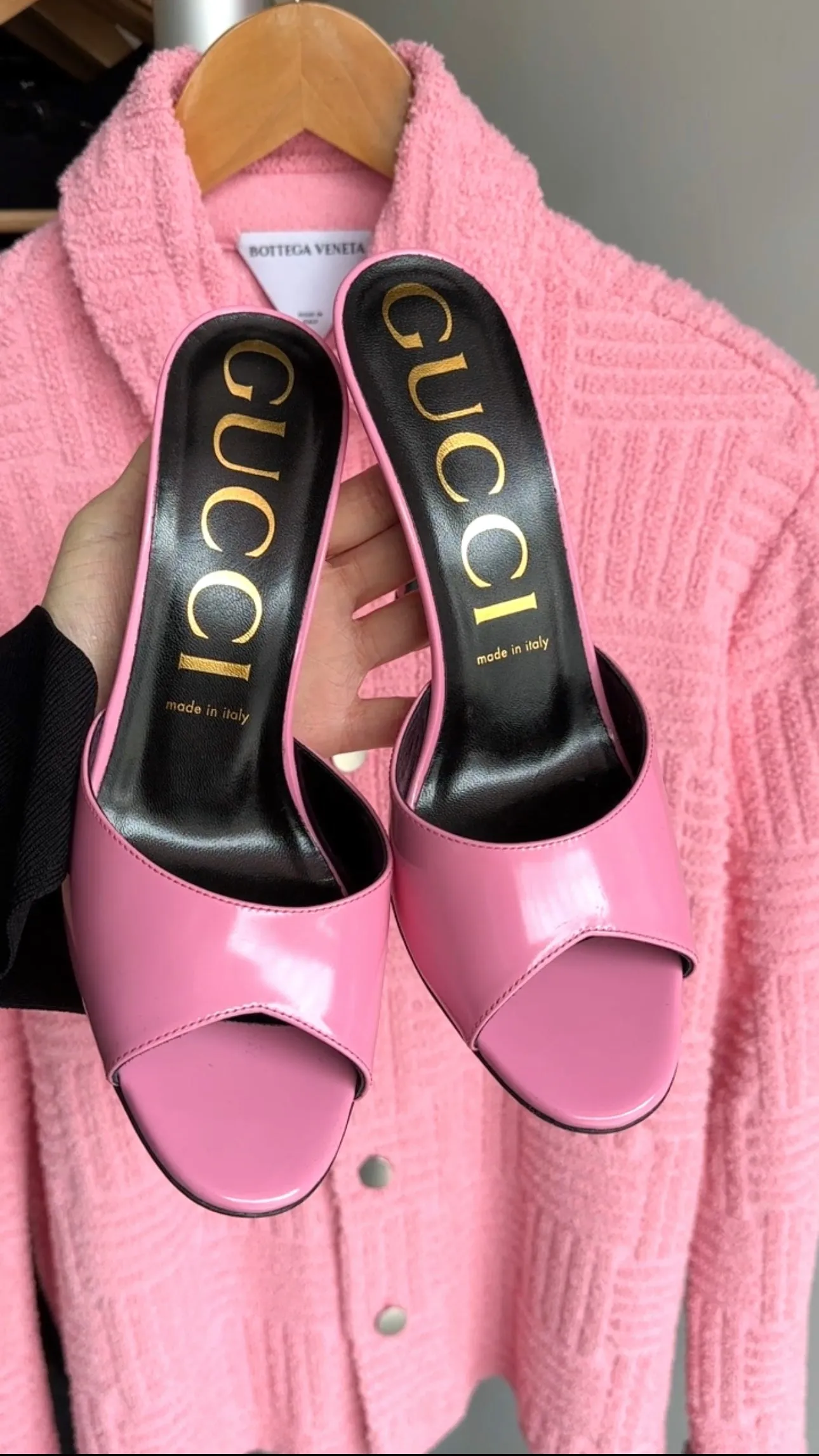 Gucci Scarlet Pink Polished Calfskin High Heel Mules - 39